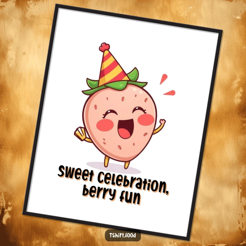 Funny Free Printable Wall Art: A joyful strawberry with a party hat blowing a colorful party horn, downloadable decor.