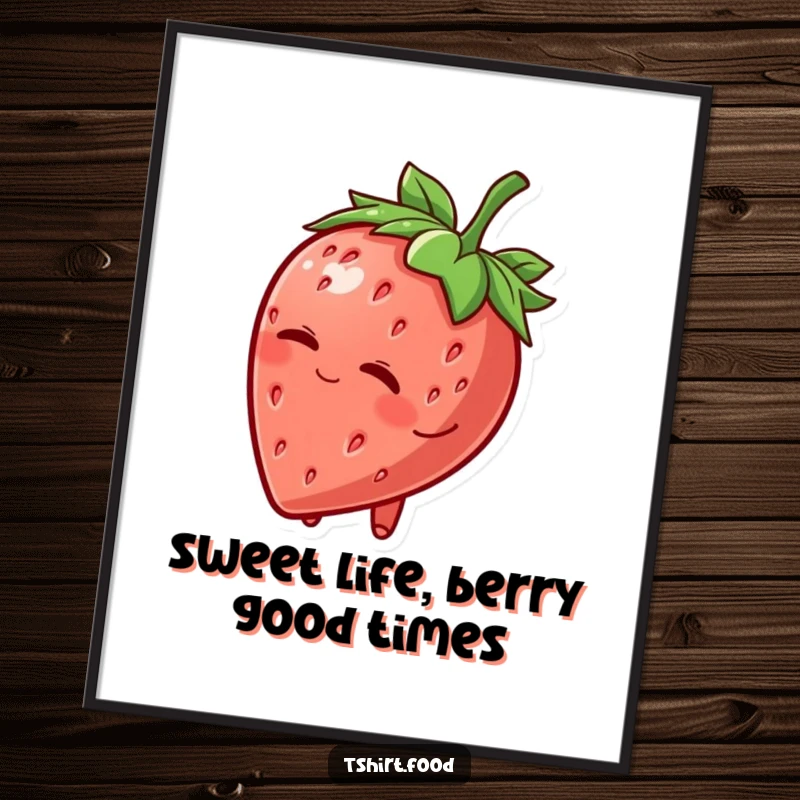 Funny Free Printable Wall Art: A charming strawberry character tipping its leafy hat and giving a knowing wink.