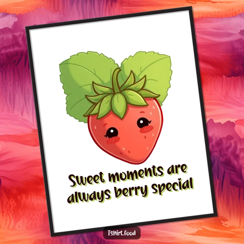 Free Printable Wall Art: A shy strawberry peeking from behind a large leaf, offering a cute and charming decorative element.