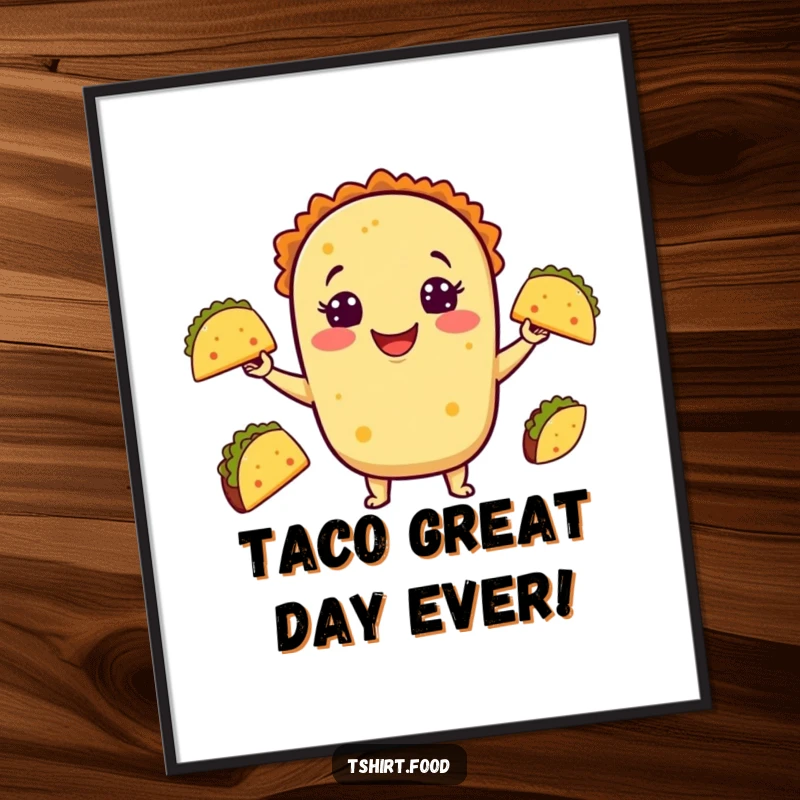 Funny Free Printable Wall Art: A smiling taco expertly juggles miniature tacos, adding a humorous touch to any room, downloadable art.