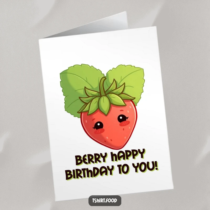 Free Printable Birthday Card: A shy strawberry peeking from behind a big leaf, conveying sweet and gentle birthday wishes.