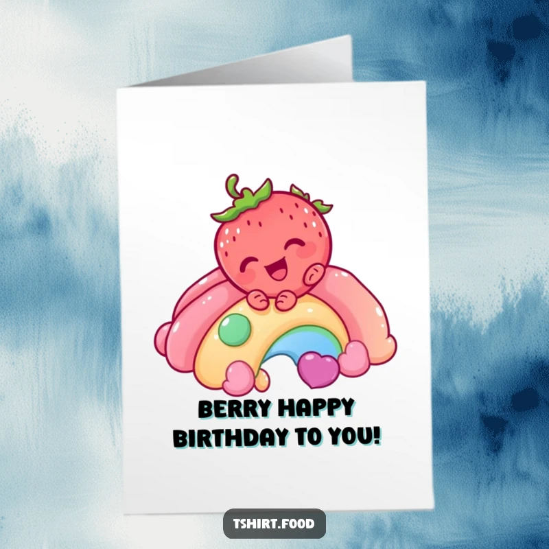 Funny Free Printable Birthday Card: A giggling strawberry slides down a vibrant candy rainbow, a delightful downloadable gift.