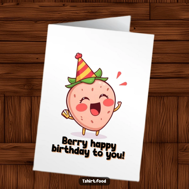 Funny Free Printable Birthday Card: A strawberry in a party hat blows a party horn with excitement, a delightful DIY gift.