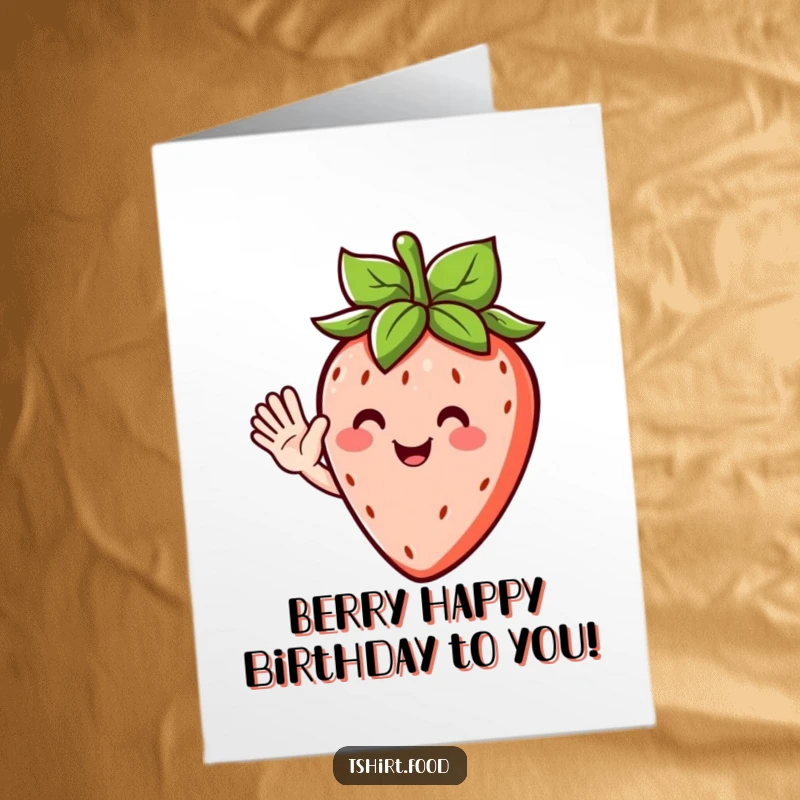 Funny Free Printable Birthday Card with a happy strawberry character waving cheerfully, its leafy hair adding to its charm.