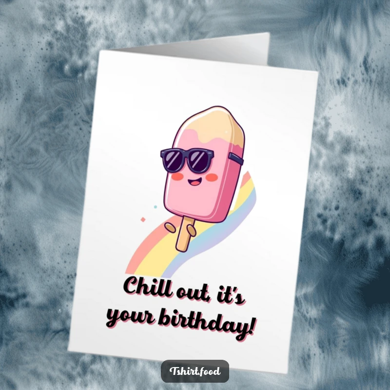 Funny Free Printable Birthday Card: Sunglasses popsicle happily slides down a vibrant rainbow, radiating cool birthday vibes.
