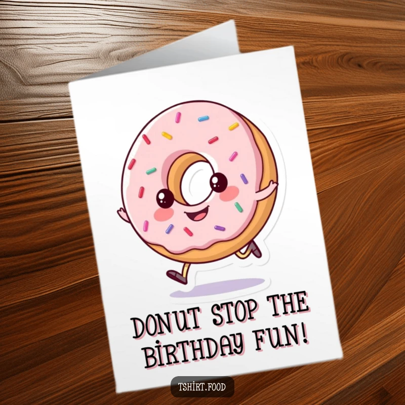 Funny free printable birthday card: happy donut with sprinkles doing a little hop, celebrating a birthday, downloadable art.