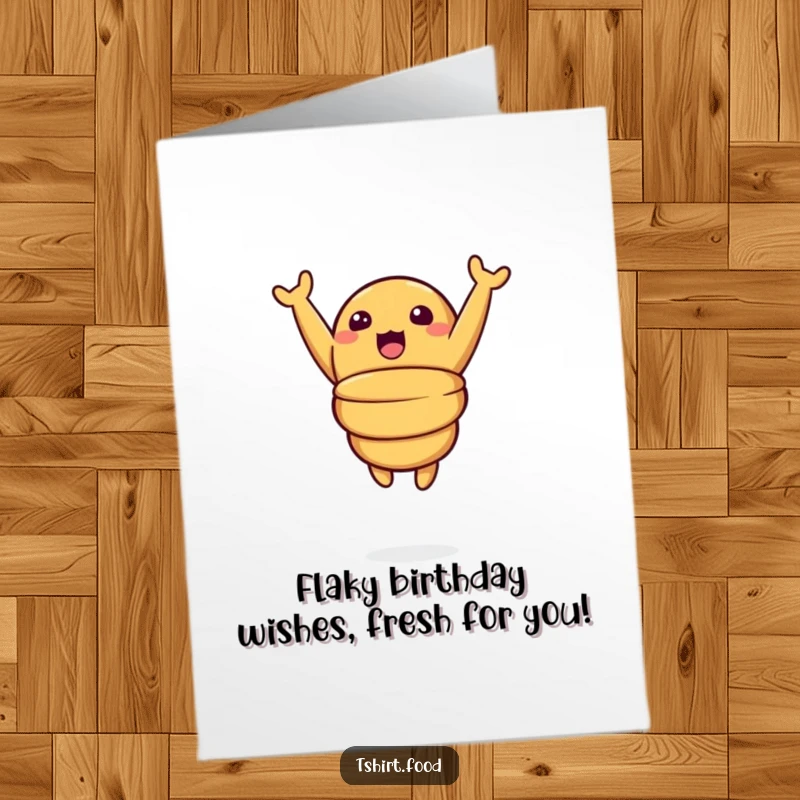 Funny Free Printable Birthday Card: A playful croissant doing a surprise jump with arms up.
