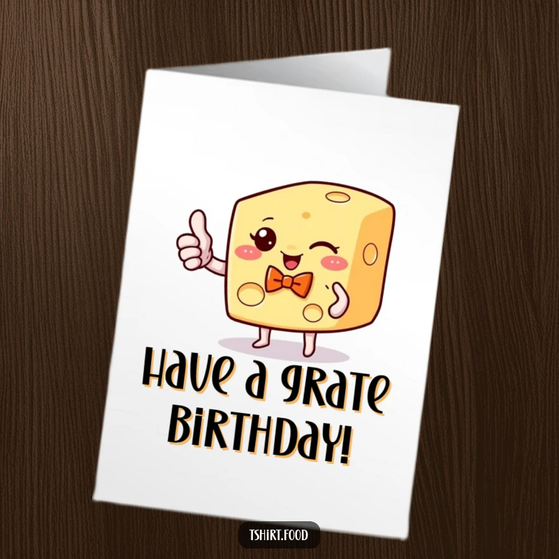 Funny Free Printable Birthday Card: A winking cheese wedge with a bow tie gives a thumbs up, celebrating a birthday.