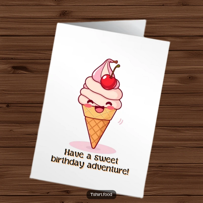 Funny Free Printable Birthday Card: A delighted ice cream cone spins with a wobbling cherry.