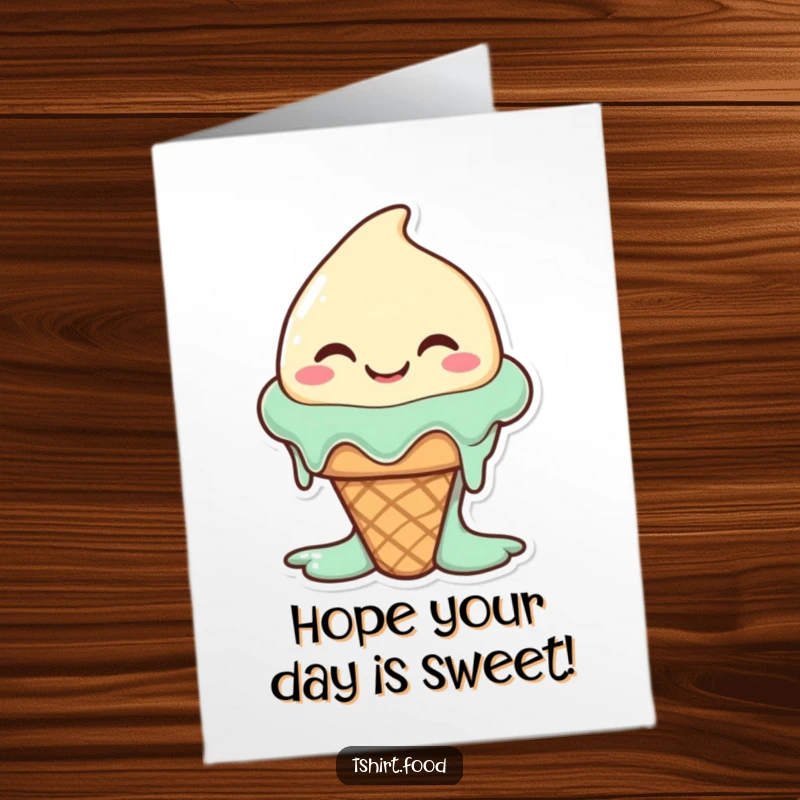 Funny Free Printable Birthday Card of a happy, melting ice cream cone with a silly smile.