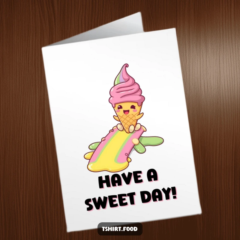Funny Free Printable Birthday Card: Smiling ice cream cone joyfully slides down a vibrant rainbow after a delightful melt.