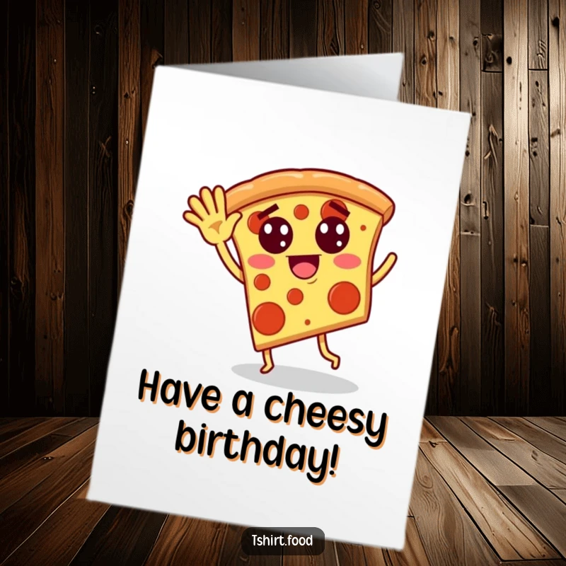 Funny Free Printable Birthday Card: A pizza slice with pepperoni eyes waving and doing a silly dance.