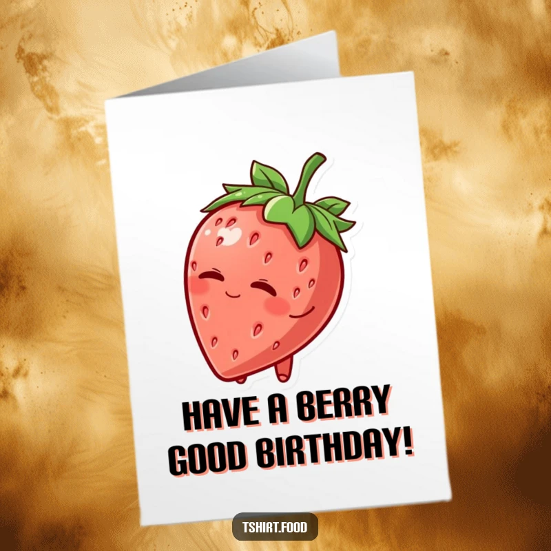 Funny Free Printable Birthday Card: A cheerful strawberry character tipping its leafy hat and giving a playful wink.