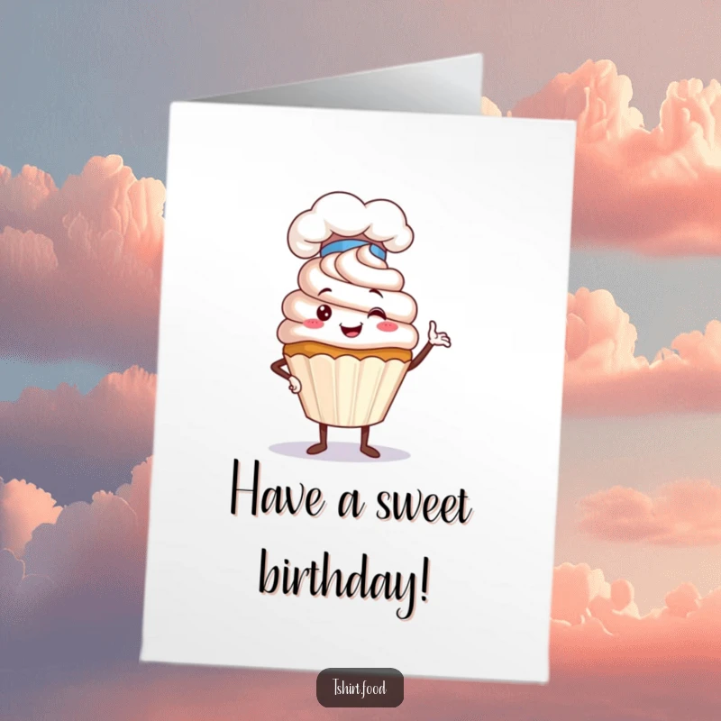 Funny Free Printable Birthday Card: A proud cupcake in a chef hat strikes a humorous pose, a charming downloadable gift.