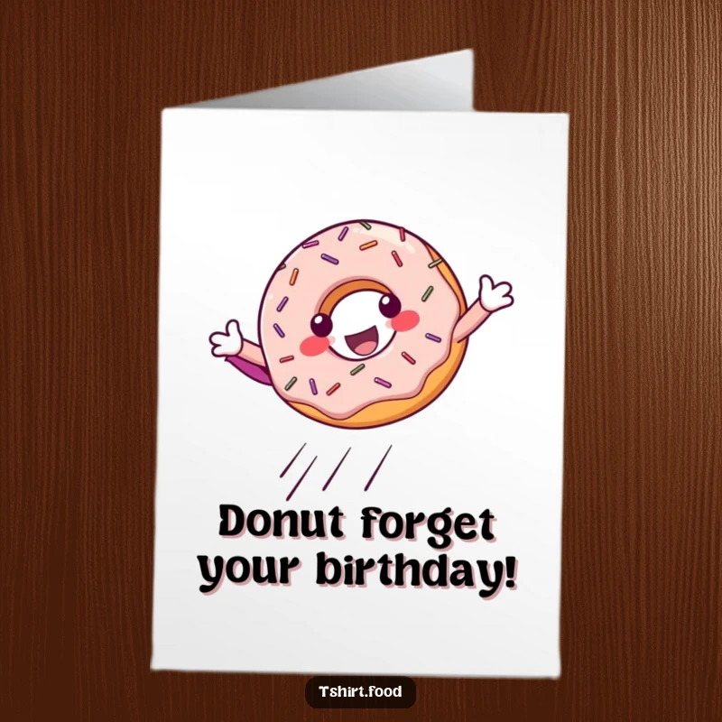 Funny Free Printable Birthday Card: A sprinkles-covered donut heroically lands, ready to deliver birthday wishes.
