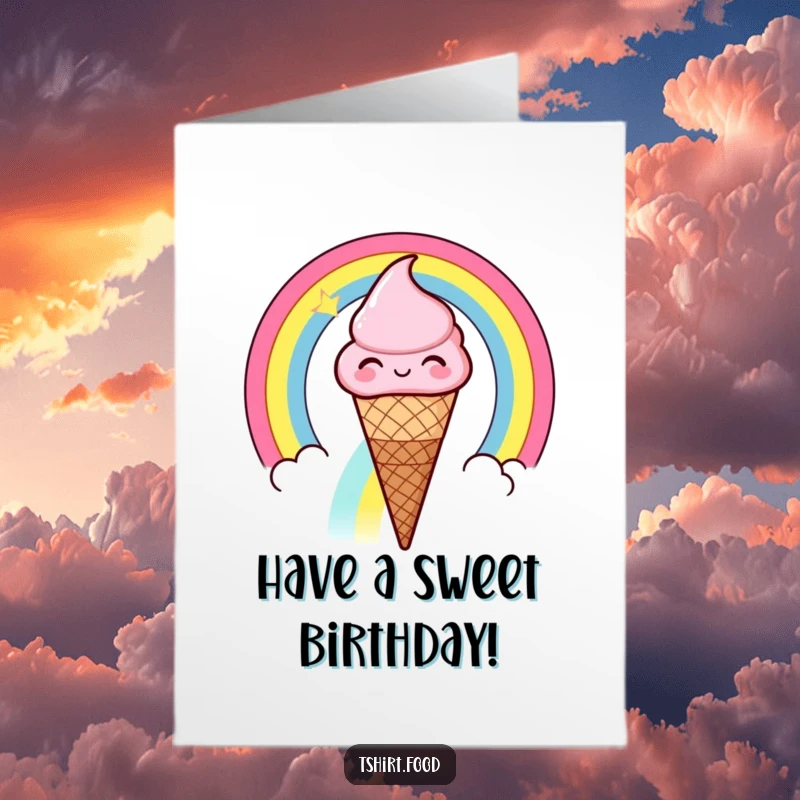 Funny Free Printable Ice Cream Cone Birthday Card winking while sliding down a rainbow, perfect for DIY gifts.