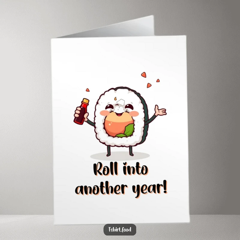 Funny Free Printable Birthday Card featuring a joyful sushi roll character excitedly juggling a tiny soy sauce bottle.