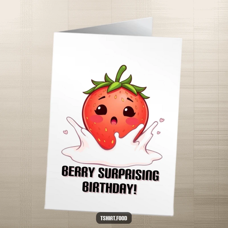 Funny Free Printable Strawberry Birthday Card blushing shyly as it falls into a milk splash, perfect for DIY gifts.