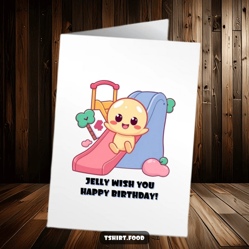 Free Printable Birthday Card: Wobbly jelly character with round eyes sliding enthusiastically down a slide, celebrating joyfully.