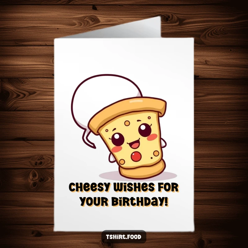 Funny free printable birthday card: cheesy pizza slice peeking from behind a speech bubble, wishing a happy birthday, downloadable art.