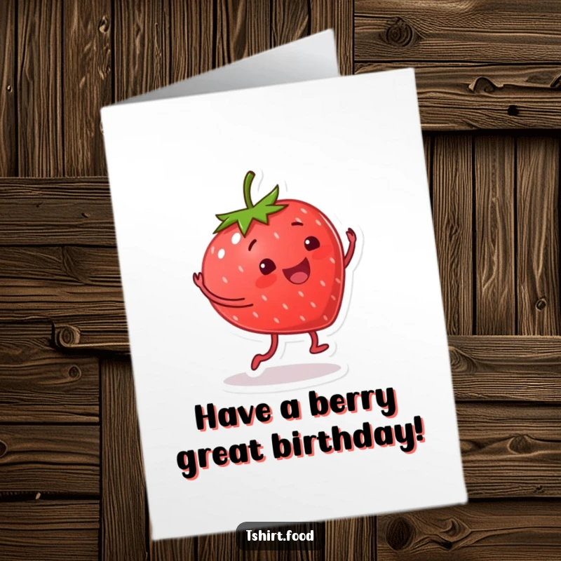 Funny Free Printable Birthday Card of a smiling strawberry with legs doing a lively, happy cartwheel.