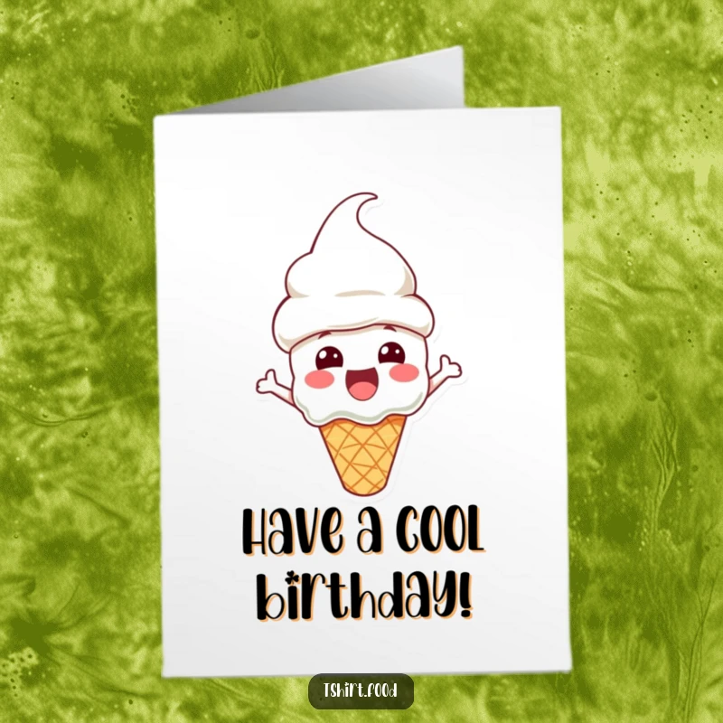 Funny Free Printable Birthday Card: An excited ice cream cone character wearing a festive cone hat, ready for birthday fun.