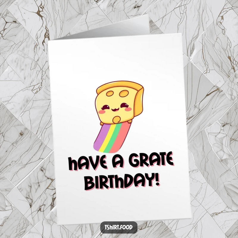 Funny free printable birthday card: A giddy slice of cheese with a huge smile sliding down a vibrant rainbow.