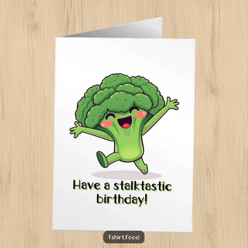 Funny Free Printable Birthday Card: A happy broccoli character performs an energetic cartwheel with arms wide open for a birthday.