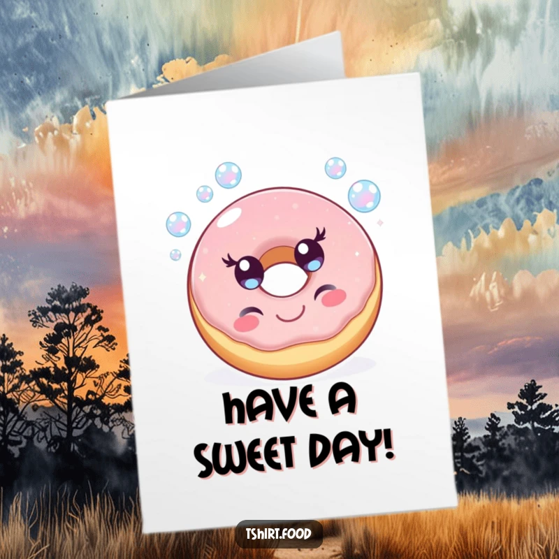 Funny Free Printable Birthday Card of a cheerful donut with sparkling eyes, happily blowing iridescent bubbles.