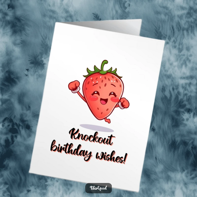 Funny Free Printable Birthday Card featuring a strawberry wearing small boxing gloves, jumping energetically as if ready for a playful match.