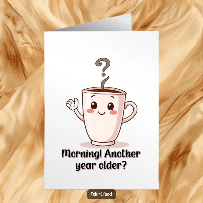 Funny Free Printable Birthday Card: Waving coffee cup character with steam forming a question mark, questioning your age.