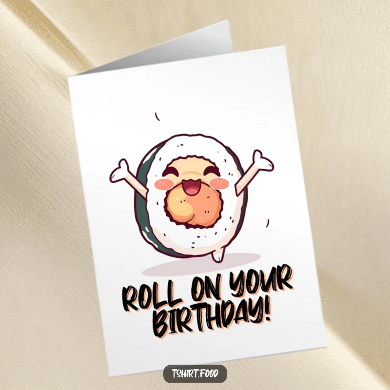 Funny Free Printable Birthday Card: A happy sushi roll with arms performing a cartwheel, celebrating a birthday with flair.