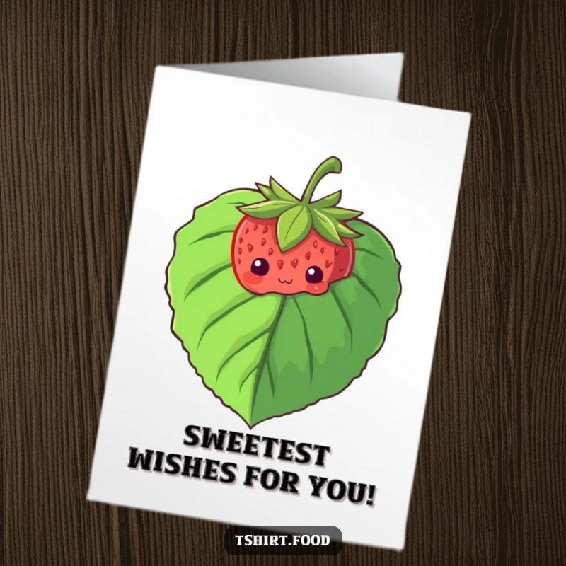 Funny free printable birthday card: A cute strawberry peeking shyly from behind a large green leaf, looking bashful.