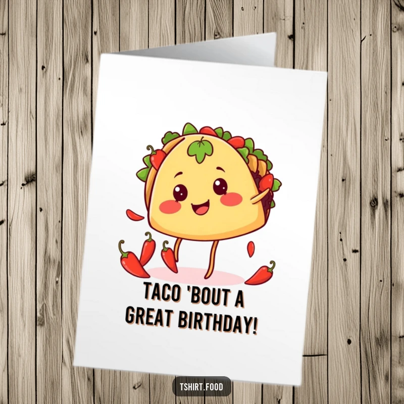 Funny Free Printable Birthday Card: A smiling taco with legs juggling chili peppers, wishing a spicy birthday. A vibrant DIY card.