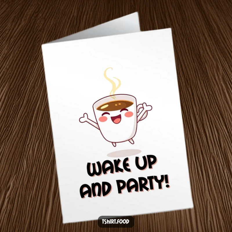 Funny Free Printable Birthday Card: A cheerful coffee cup winking and jumping for joy, celebrating a special day.