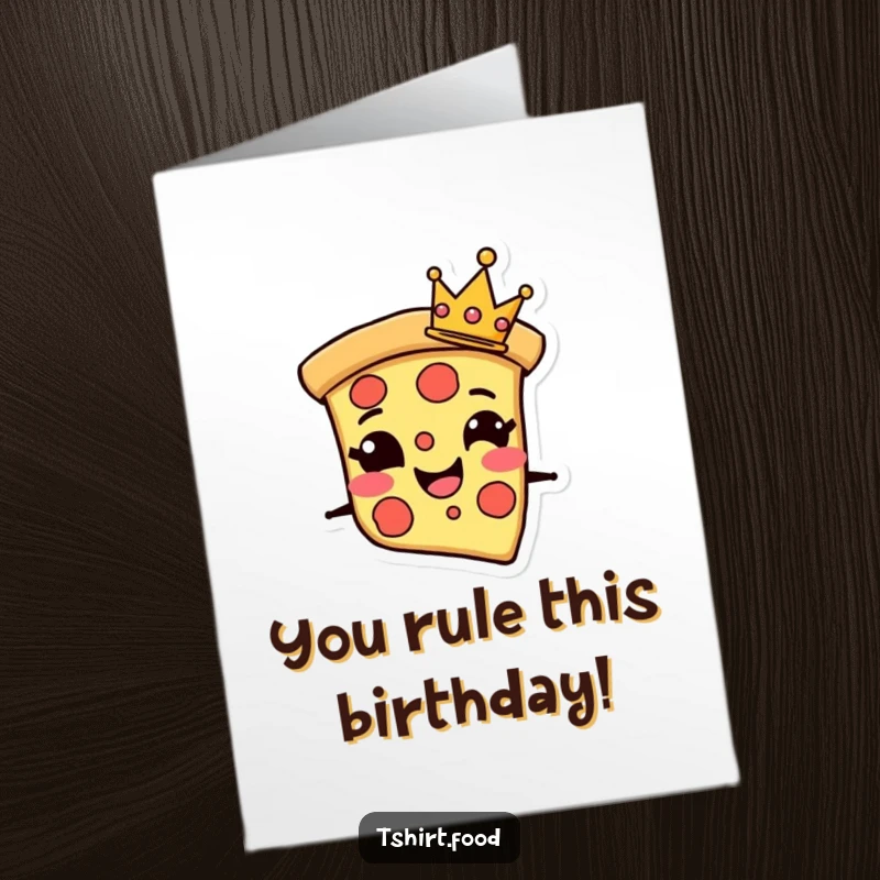 Funny Free Printable Birthday Card: A grinning pizza slice character wearing a tiny crown, celebrating a royal birthday.