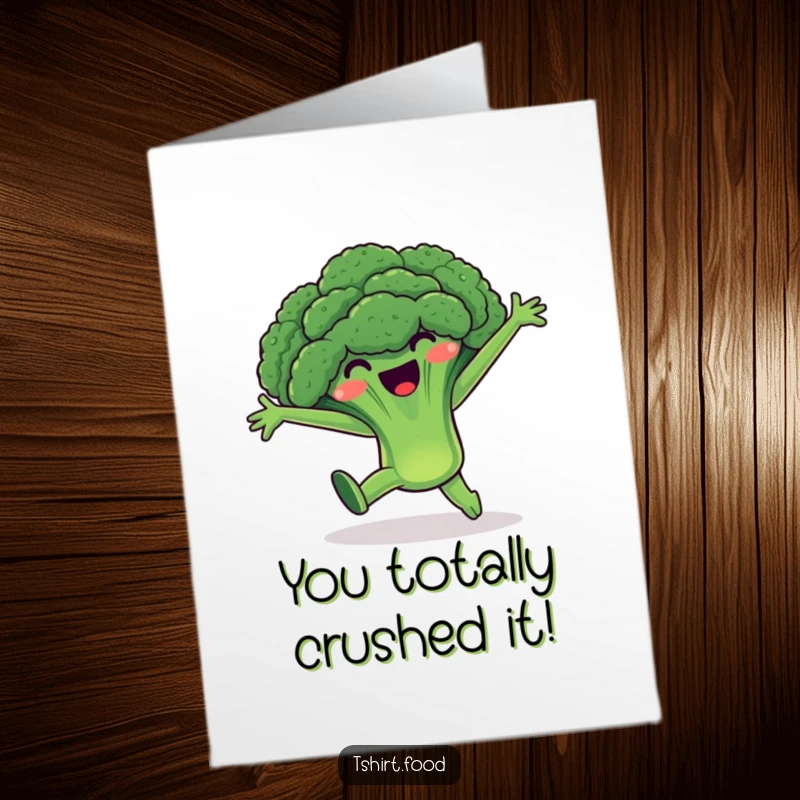 Funny Free Printable Congratulations Card: A happy broccoli character does a cartwheel to express enthusiastic congratulations.