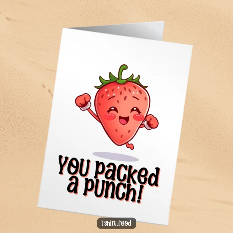 Funny Free Printable Congratulations Card showing a strawberry with small boxing gloves, jumping high to celebrate a victory with gusto.