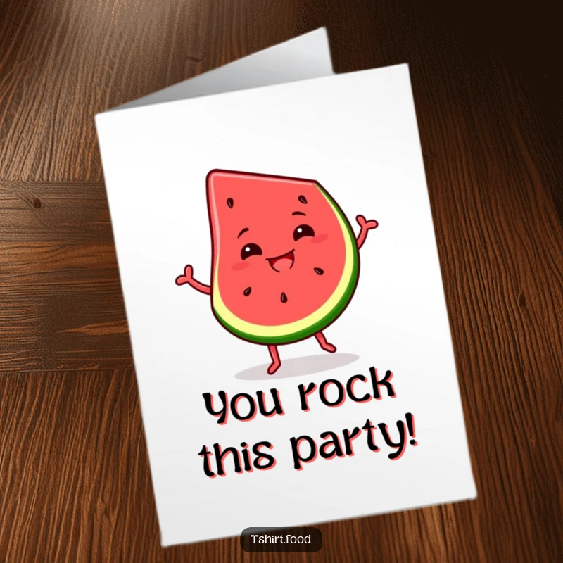 Free printable congratulations card: A cheerful slice of watermelon dancing joyfully with a big, silly grin.