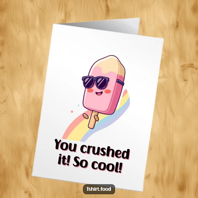 Free Printable Congratulations Card: Smiling popsicle with sunglasses slides down a rainbow, celebrating success with style.
