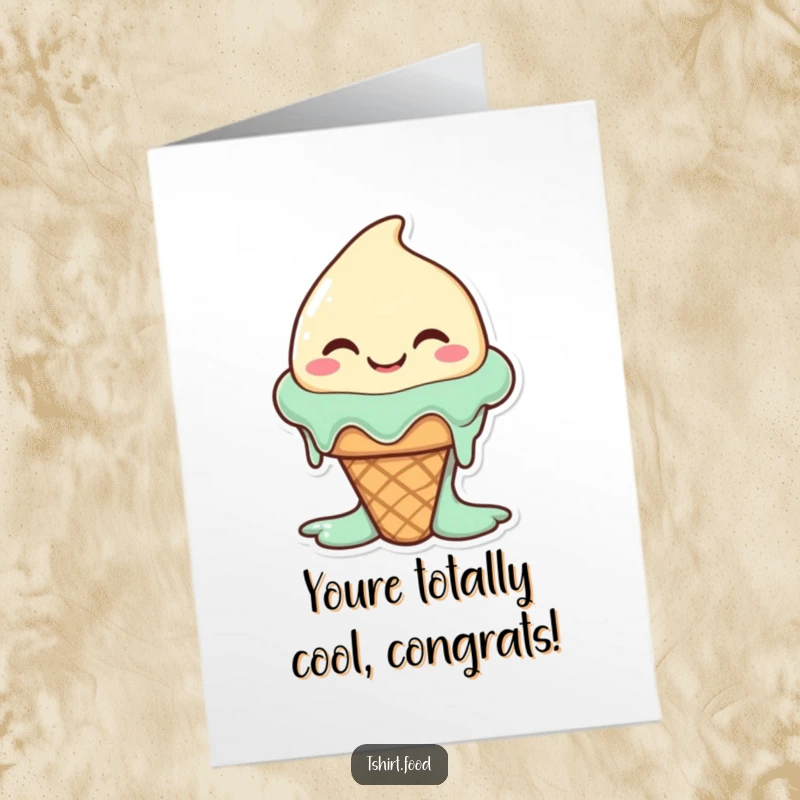Free Printable Congratulations Card featuring a happy, slightly melting ice cream cone with a silly smile.