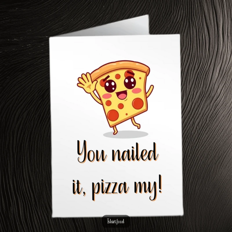 Funny Free Printable Congrats Card: A waving pizza slice with expressive pepperoni eyes dancing joyfully.