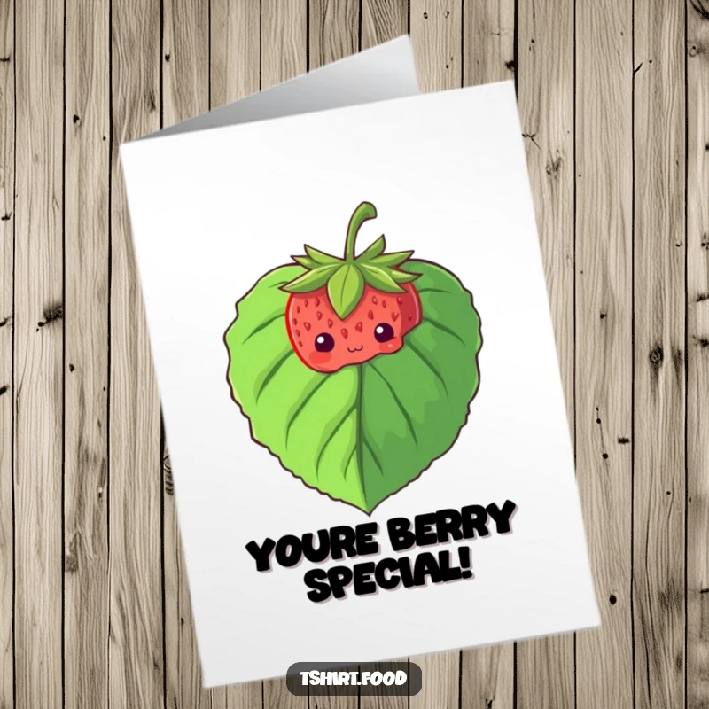 Free printable congratulations card: A small, shy strawberry peeking out from behind a big leaf, feeling bashful.