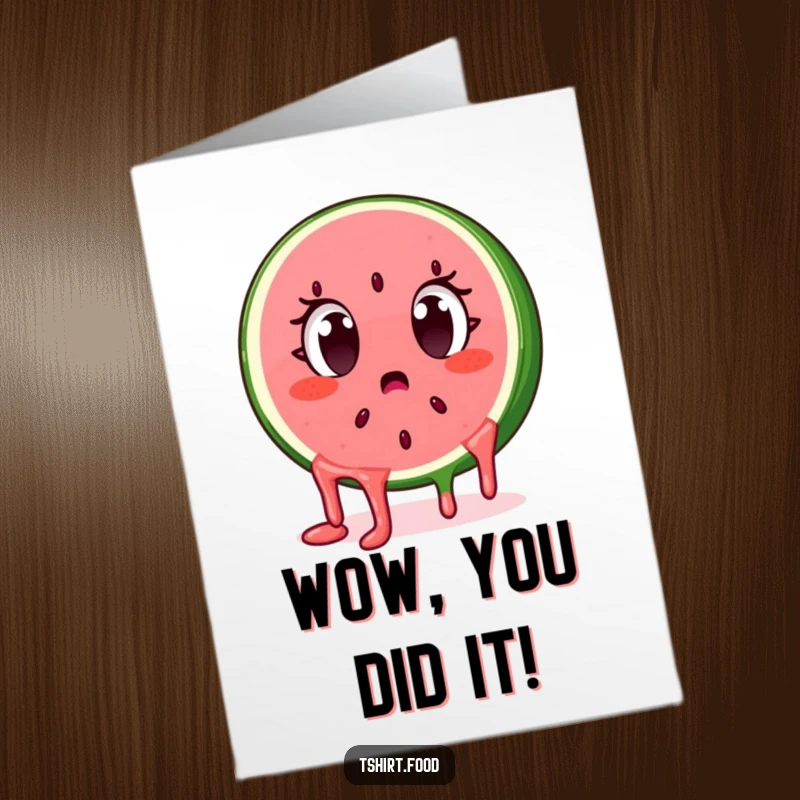 Free Printable Congratulations Card featuring a surprised watermelon slice character with wide eyes.