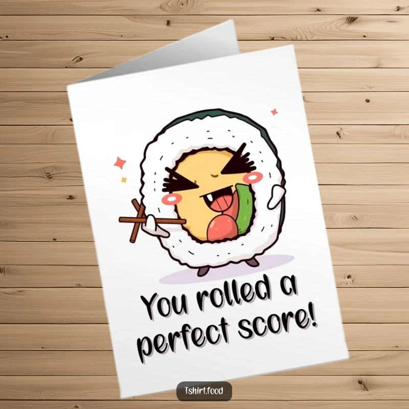 Funny Free Printable Congrats Card: Winking sushi roll character expertly juggles chopsticks, celebrating a well-deserved victory with a sly grin.