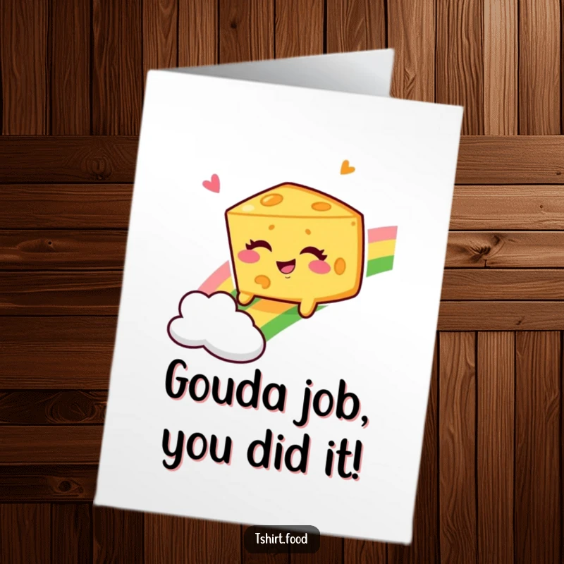 Funny Free Printable Congratulations Card: Winking cheese wedge gleefully slides down a vibrant rainbow, expressing cheesy delight.