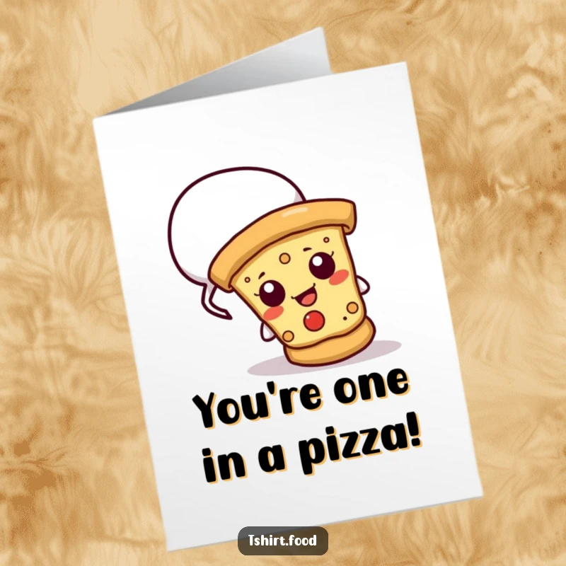 Funny free printable congratulations card: cheesy pizza slice peeking from behind a speech bubble, conveying congratulations, downloadable art.