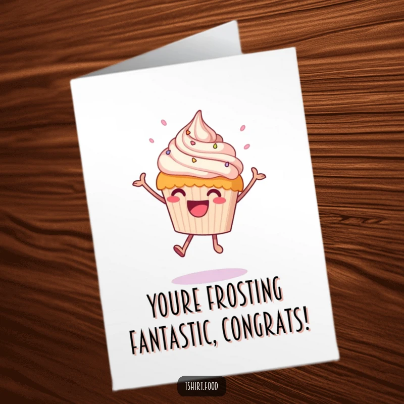 Funny Free Printable Congratulations Card: A happy cupcake with frosting raining down, performing a celebratory leap. A unique downloadable greeting.