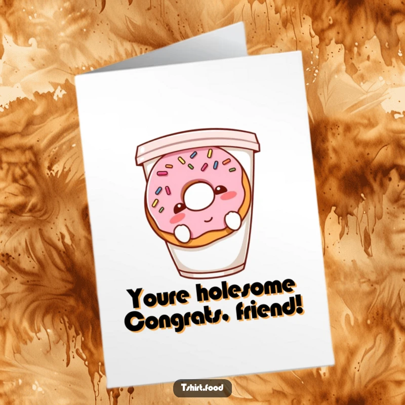 Funny Free Printable Congratulations Card: A shy donut with sprinkles blushing, peeking from behind a coffee cup. A unique downloadable greeting.