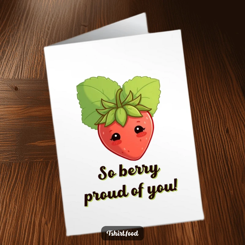 Free Printable Congratulations Card: Shy strawberry peeking from behind a leaf, offering sweet and gentle congratulations.